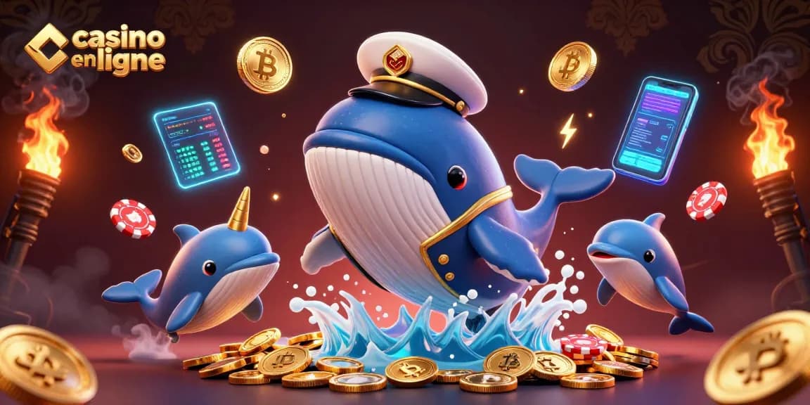 Jouez sur casino en ligne avec une illustration 3D de cétacés exceptionnels naviguant dans une mer de pièces d'or.