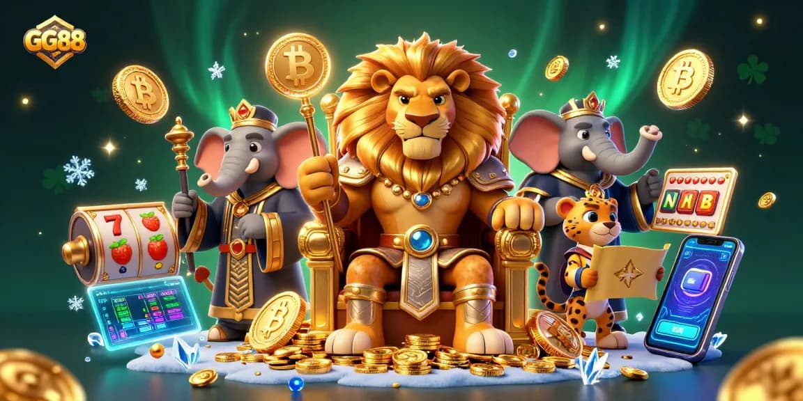 GG88 engages players with a fierce lion king and vibrant casino elements in a dynamic 3D illustration.