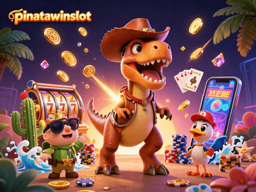 Experience the excitement of pinatawinsslot with a vibrant 3D illustration of playful characters and dynamic casino elements.