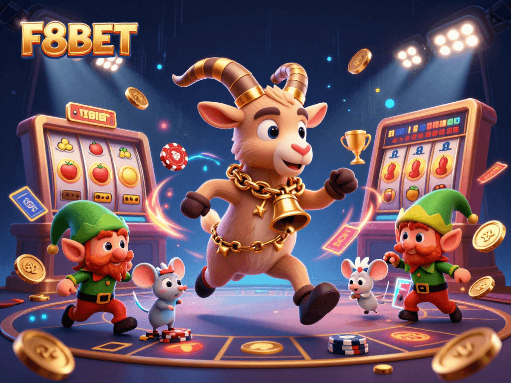 F8BET presents a lively casino scene featuring a Krampus goat and playful characters amidst dynamic slot gaming elements.