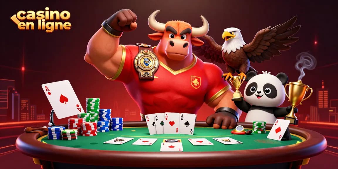 Découvrez les meilleurs casinos en ligne avec un taureau mascotte et un aigle, entourés de jetons de poker.
