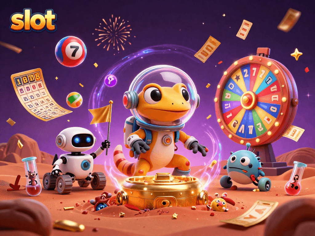 Engage with slot games in a colorful casino illustration featuring a Martian gecko in space.