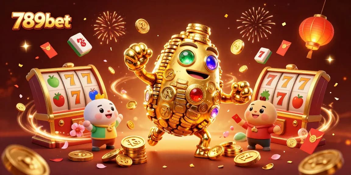 Engage in thrilling online casino gaming with 789bet featuring vibrant slot items and a golden golem.