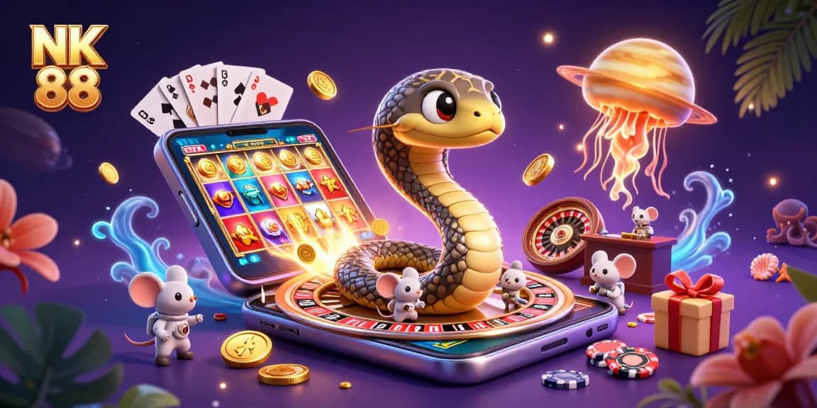 Engage with NK 88's vibrant digital casino scene featuring imaginative characters, dynamic games, and enticing gambling elements.
