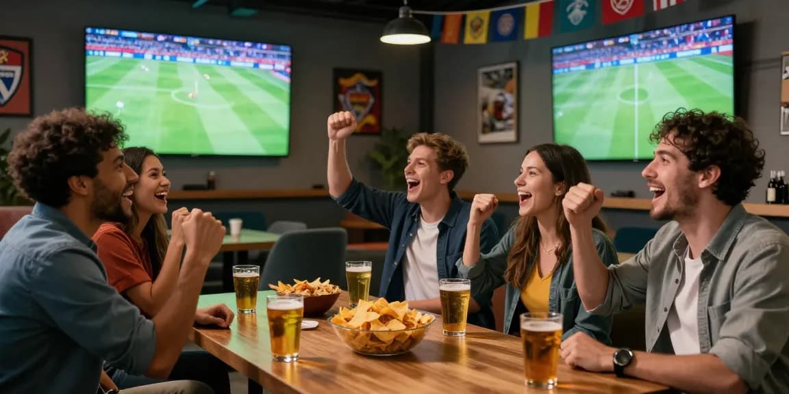 Situs Taruhan Bola Terpercaya scene showing friends celebrating a sports betting win.