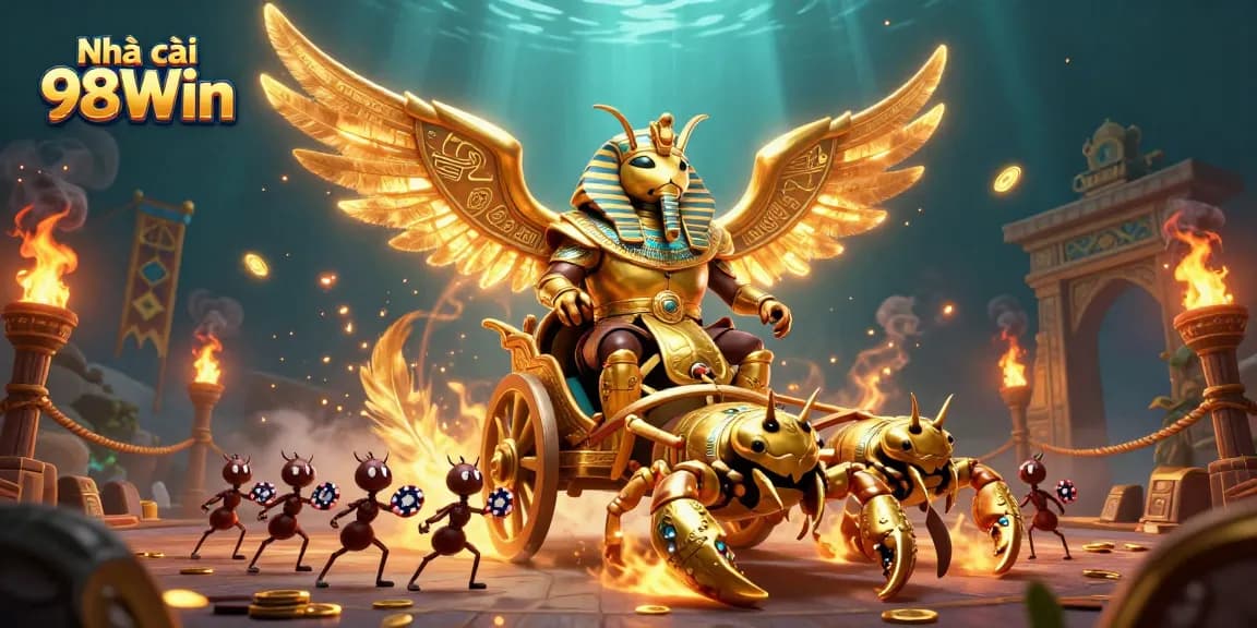 Engaging scene showcasing Nhà cái 98Win with a golden beetle, scorpions, and poker elements.