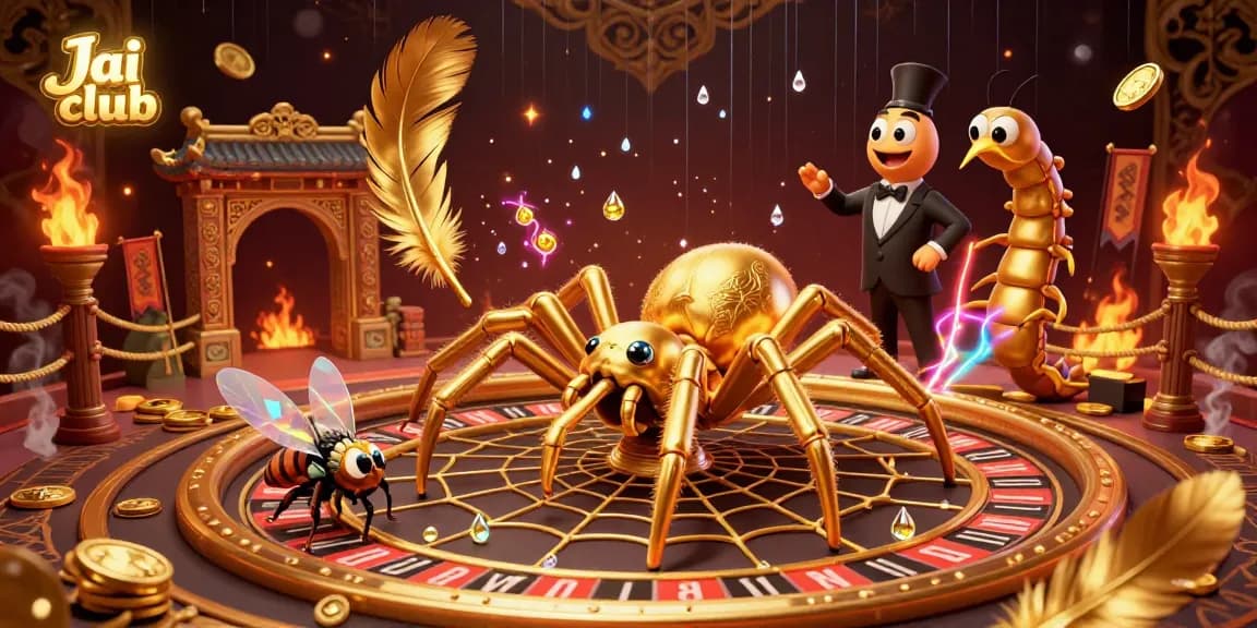 Engage with Jai club's thrilling games as a golden spider spins a roulette wheel web, setting the stage for adventure.