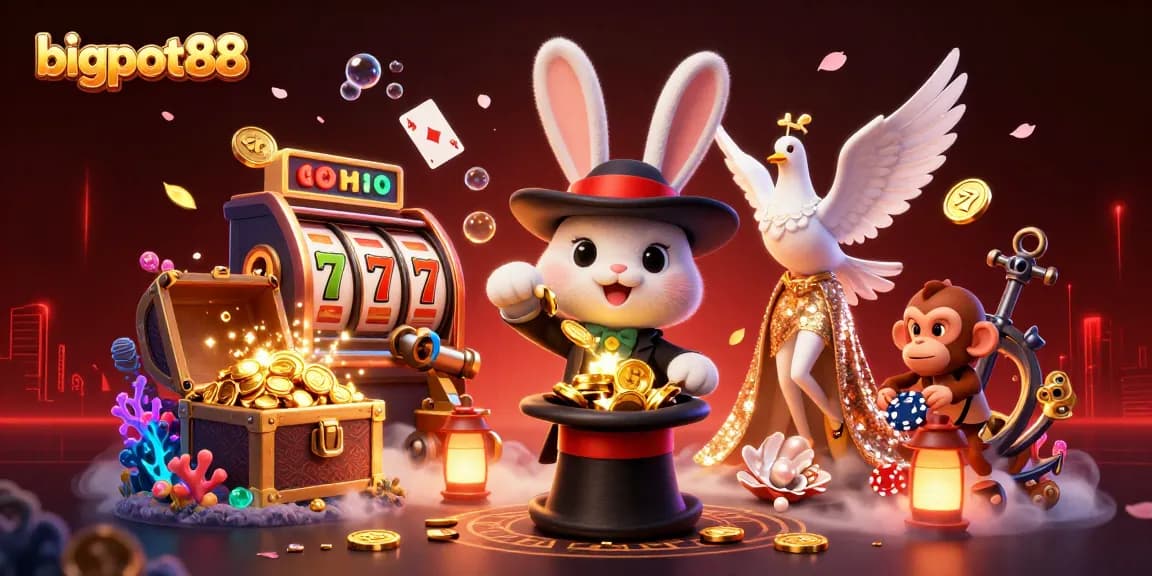 bigpot88 menampilkan kelinci pesulap menarik koin emas dalam suasana kasino yang meriah dan penuh detail.