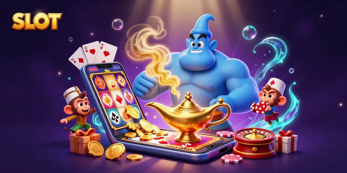 Experience the excitement of SLOT games with a 3D genie, poker chips, and vibrant casino elements.