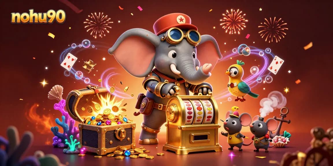 Experience thrilling gameplay at nohu90 with a whimsical steampunk elephant operating a slot machine.