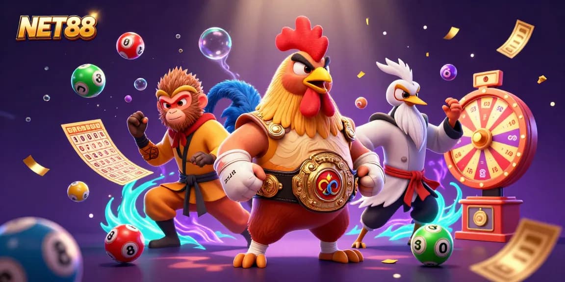 Engage with NET88's vibrant lottery scene featuring a Muay Thai rooster and colorful elements.