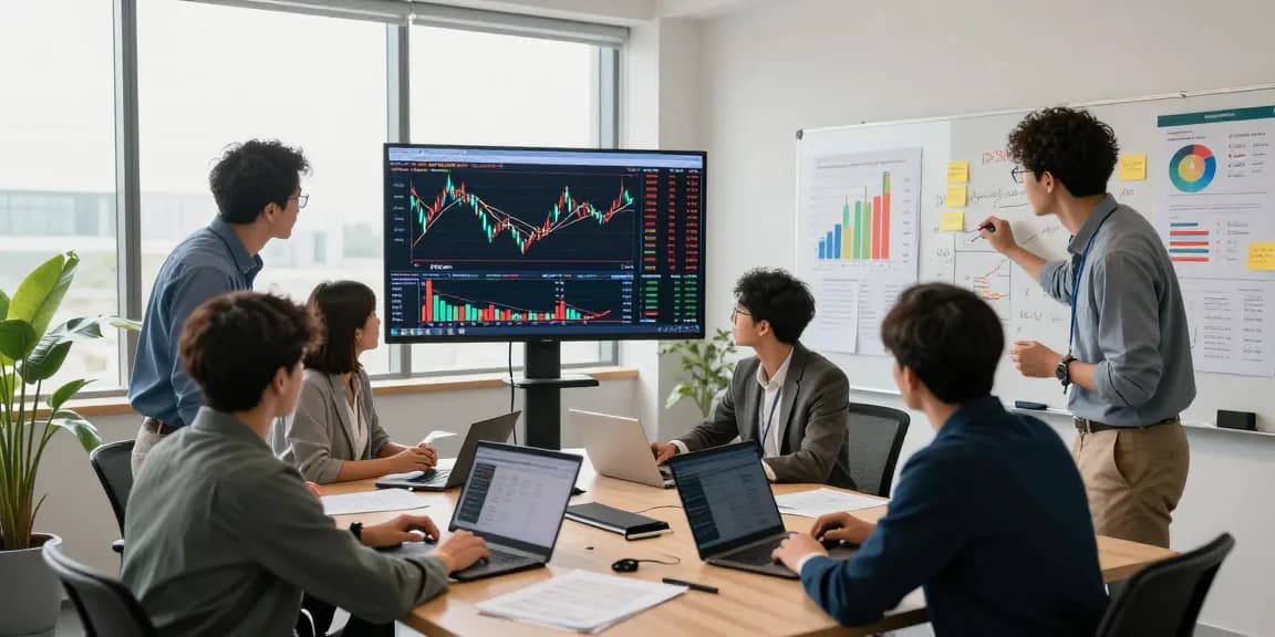 Traders analyzing m98 trends in an energetic financial office, showcasing real-time data and collaborative strategies.