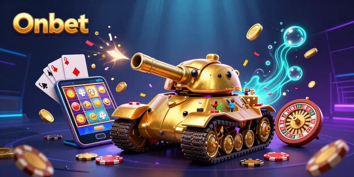 Experience Onbet's exciting miniature casino scene with a golden beetle tank revealing fun gambling elements.