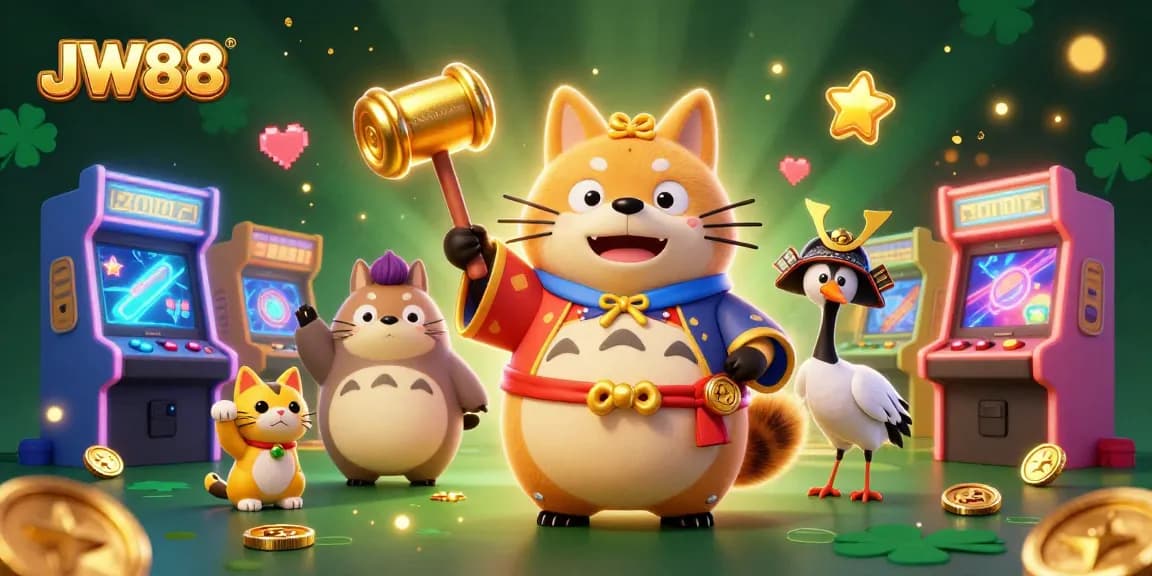 Experience gaming thrills with JW88 in this vibrant 3D casino scene featuring luck and fun.