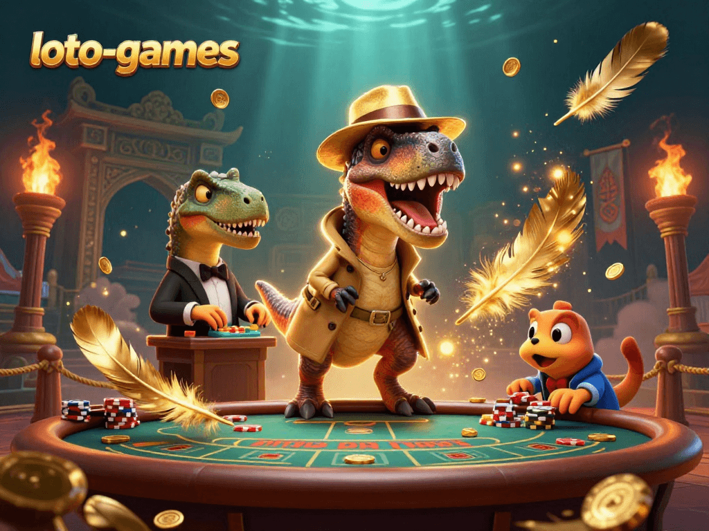 Experience thrilling action at loto-games with a velociraptor card counter and stegosaurus pit boss at a blackjack table.