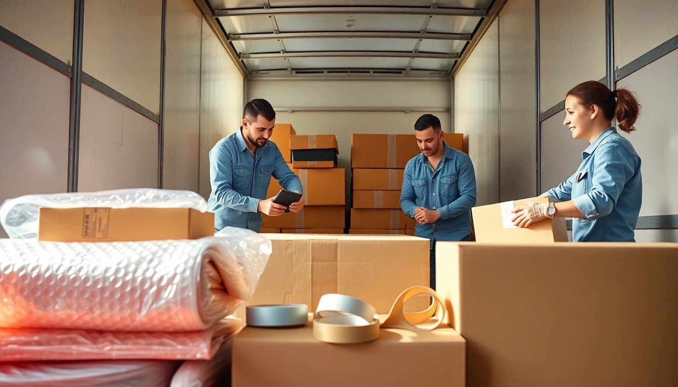 Professional Packing Services showcasing experts arranging items and using packing materials.