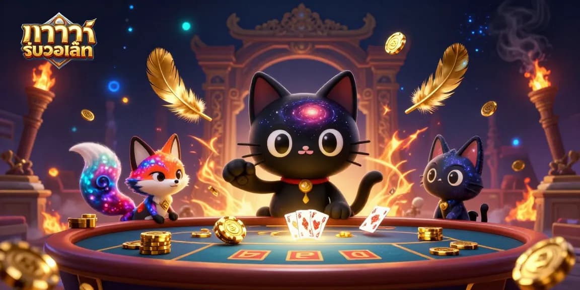 Engage with บาคาร่ารับวอเลท at a cosmic casino with a black hole cat and nebula fox.