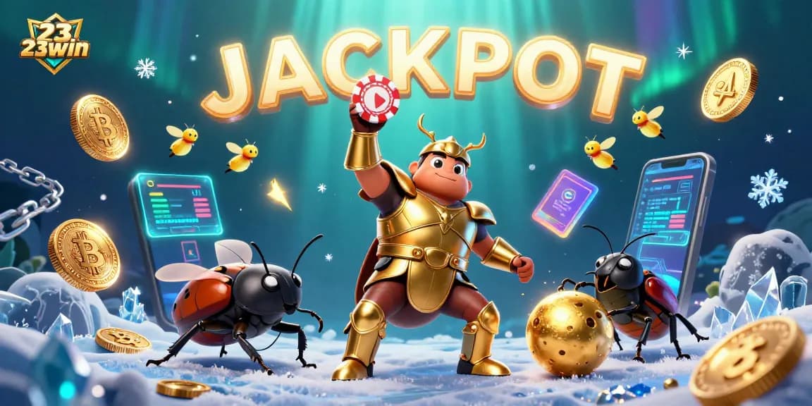 Explore the extravagant 23win casino world with a victorious beetle and vibrant jackpot display.