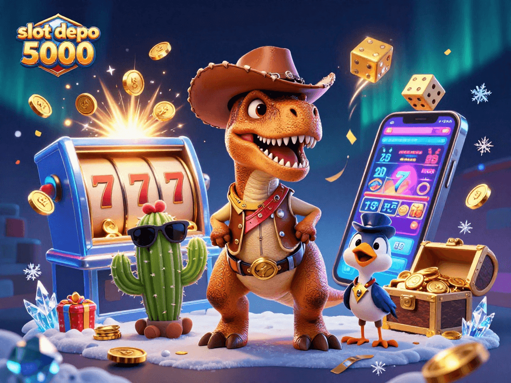 Engage with exciting slot depo 5000 gameplay between a cartoon dinosaur and friends amidst a jackpot explosion.