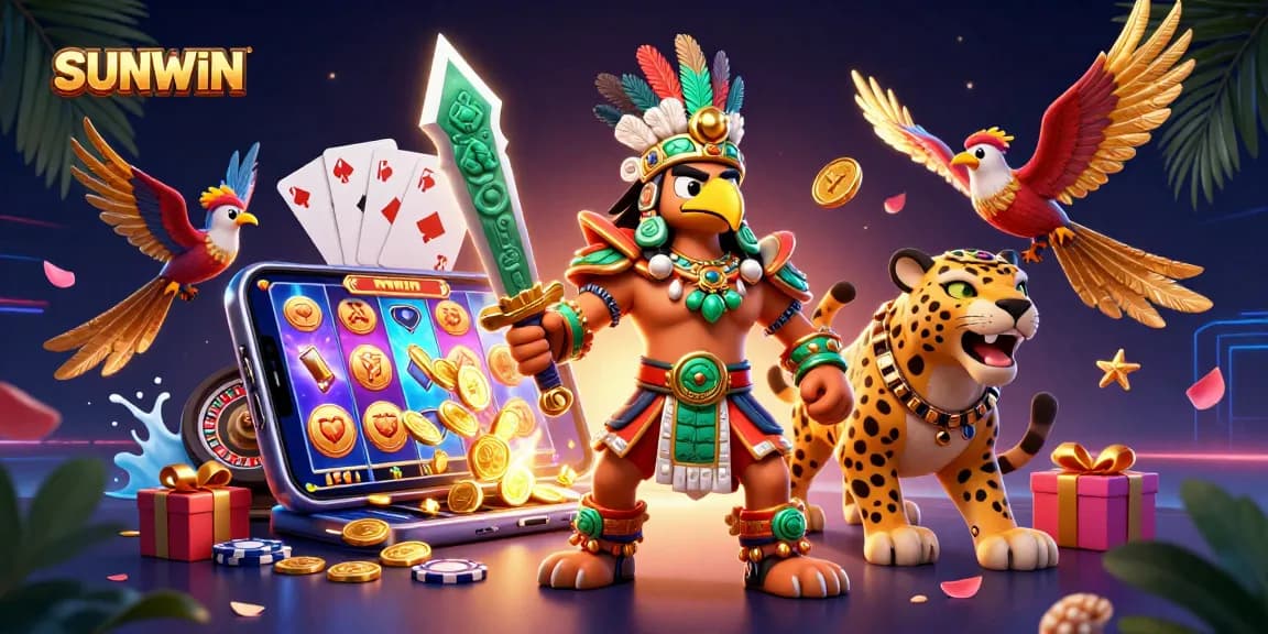 SUNWIN captures an adventurous gamble with Aztec warriors, epic gaming elements, and vibrant surroundings.