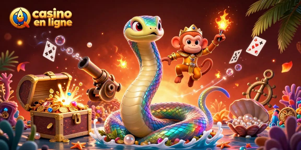 Profitez des jeux de casino en ligne avec ce serpent coloré et le roi singe en action.