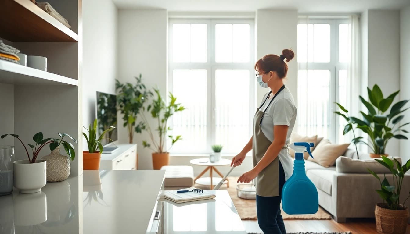 Bond cleaning expert efficiently cleaning a bright living room space.