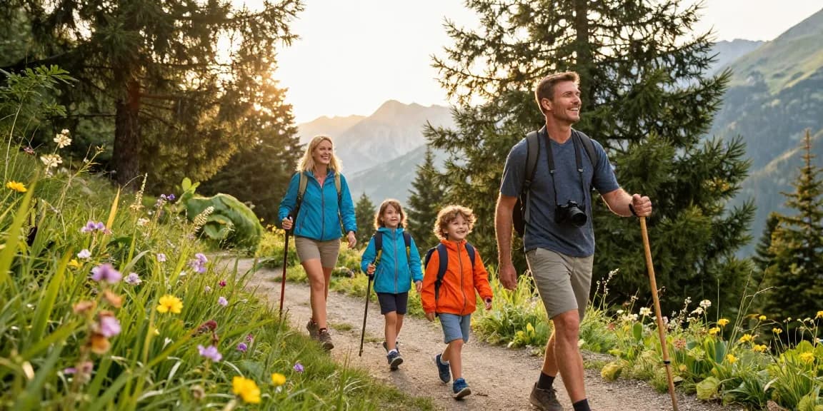 Family enjoying an outdoor adventure on a hiking trail with mantra88 gear during a scenic golden hour.