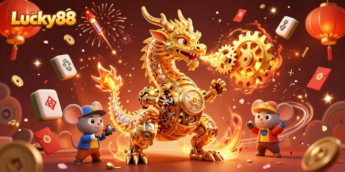 Experience thrilling gameplay at Lucky88 with a biomechanical dragon and vibrant casino elements.