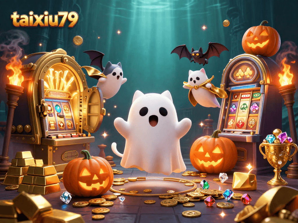 Engage with taixiu79 as the ghost cat and vampire bat explore a vibrant haunted casino.