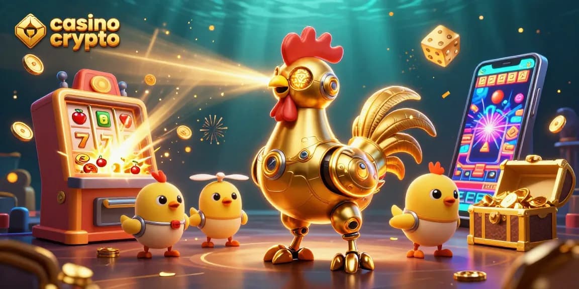 Gioca ai casino crypto con il robot gallo dorato e baby drone in un'atmosfera casinò vibrante.