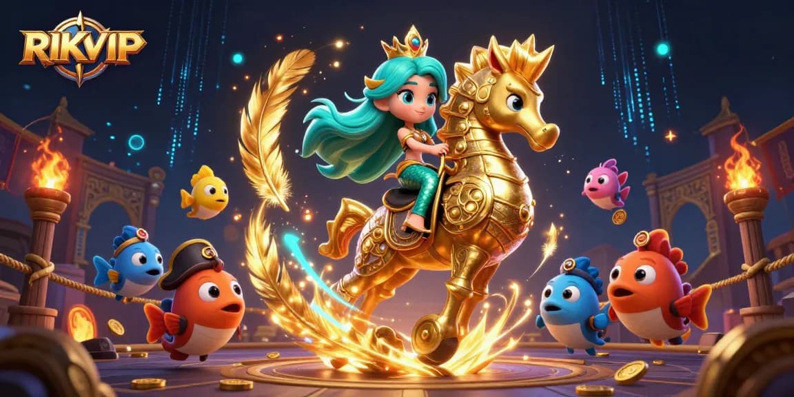 Experience RIKVIP’s vibrant gaming world with a dynamic 3D mermaid princess and colorful casino elements.
