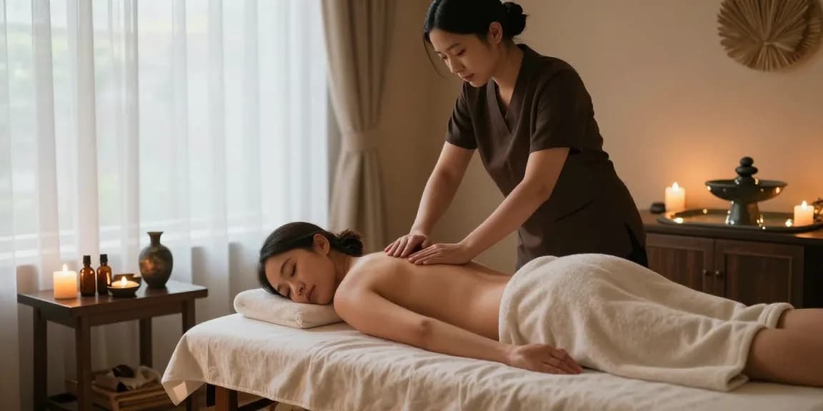 스웨디시 마사지 중인 마사지사와 고객, 편안한 스파 분위기 연출