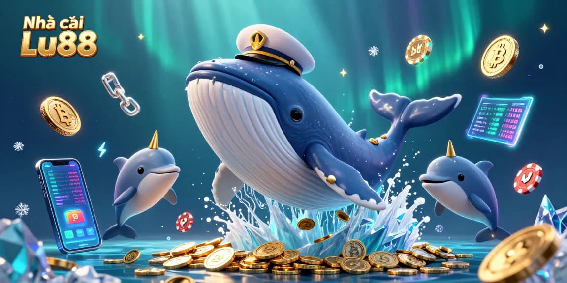 Engage with Nhà cái Lu88 through thrilling 3D casino adventure featuring whales and crypto symbols.