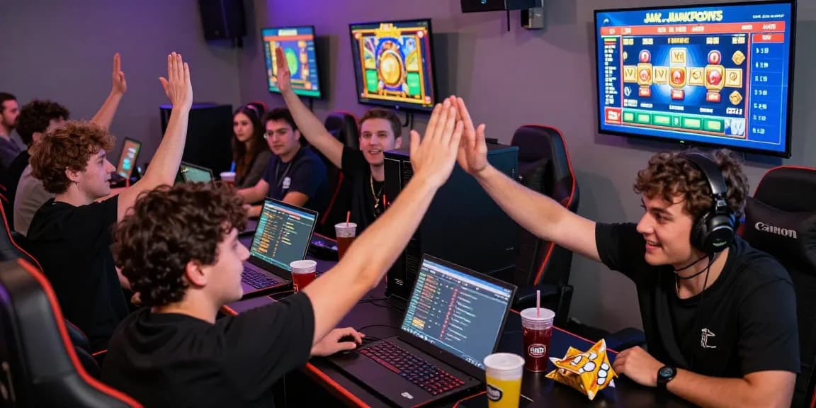 Group of players enjoying situs gacor in a vibrant gaming lounge, celebrating wins.