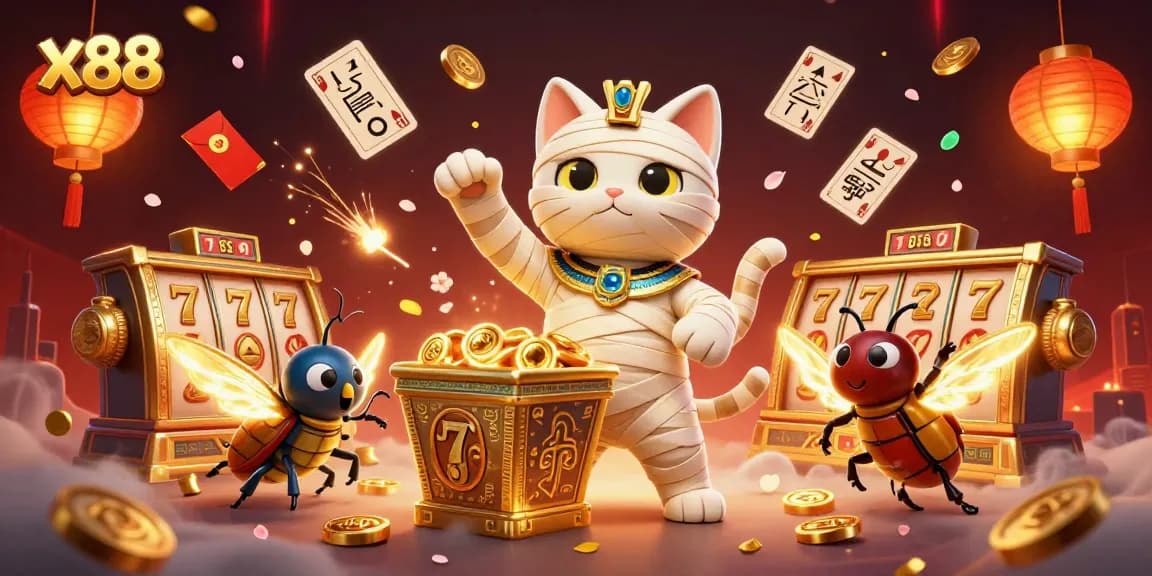 Experience excitement at x88 with the mummy cat and treasures in a vibrant casino scene.