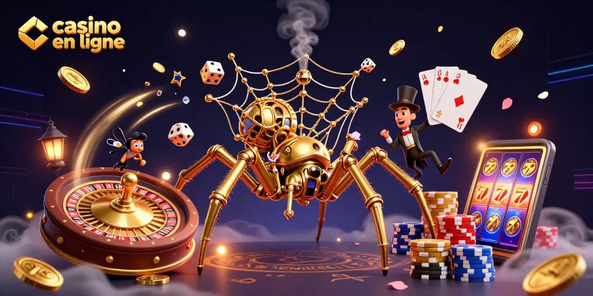 Illustration d'une araignée dorée steampunk créant un réseau de casino en ligne rempli de pièces et de joyaux.