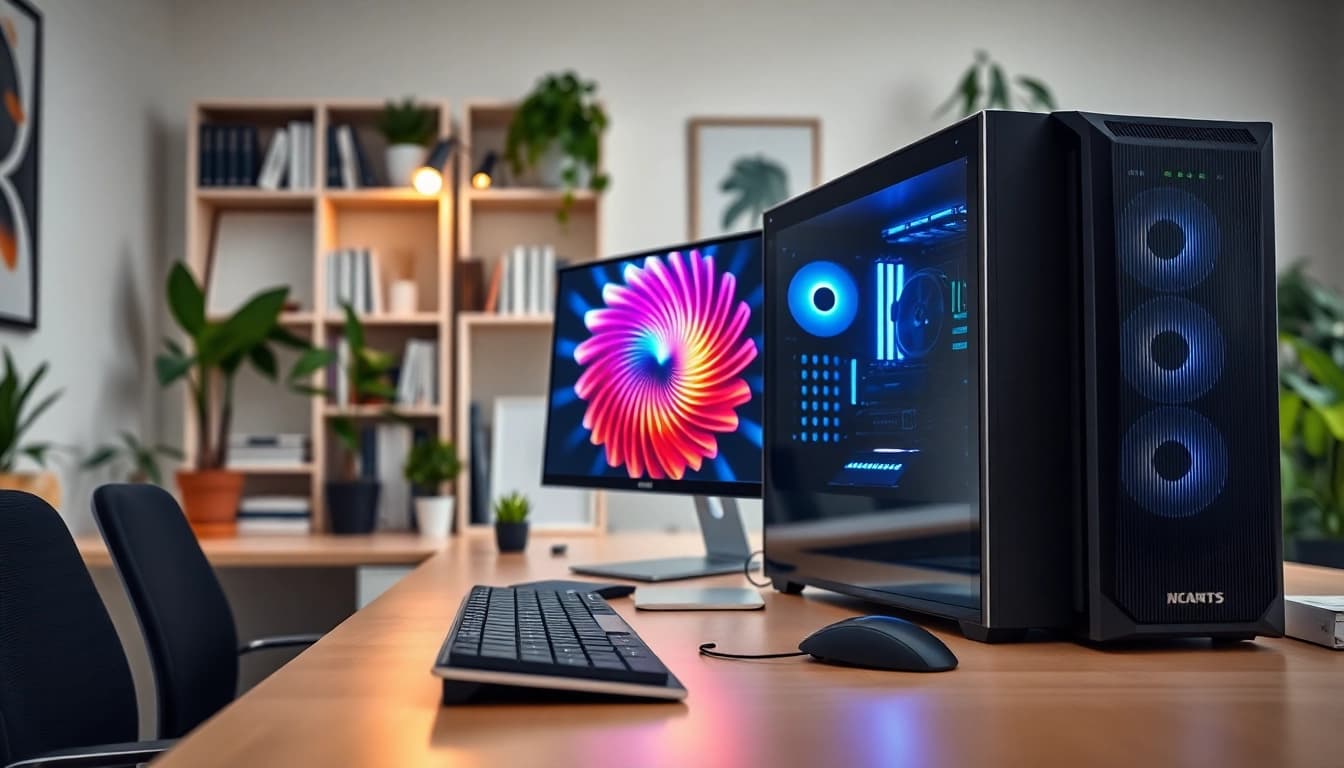pc σε σύγχρονο γραφείο που δείχνει ανανεωμένο υπολογιστή και άνετη ατμόσφαιρα