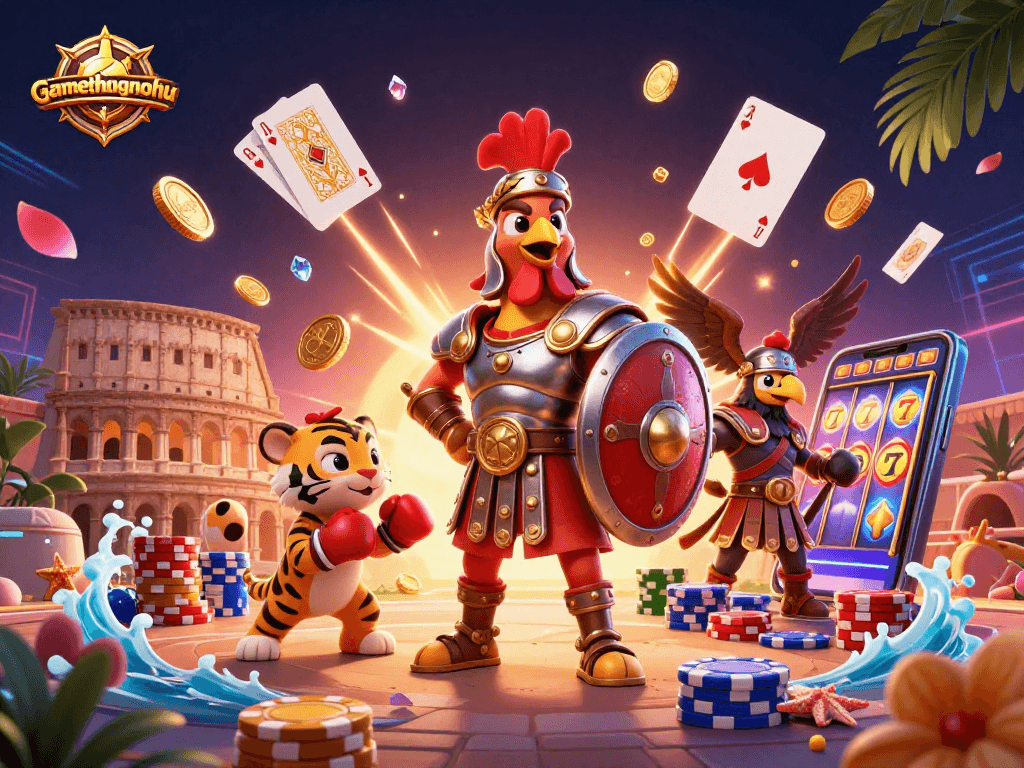 Experience online gaming excitement with gamethuongnohu’s vibrant casino scene featuring a gladiator rooster and dynamic elements.