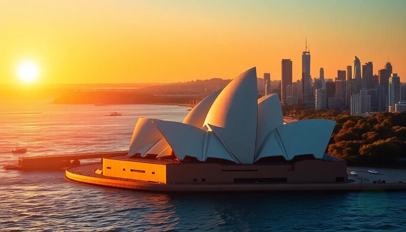 Vibrant Australian landscapes showcasing the Sydney Opera House and Great Barrier Reef.
