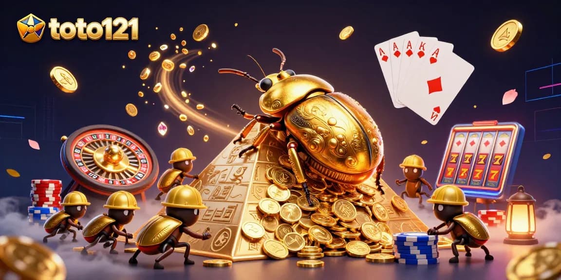 Engage with thrilling gameplay at toto121 featuring a golden dung beetle and coins in a vibrant casino scene.