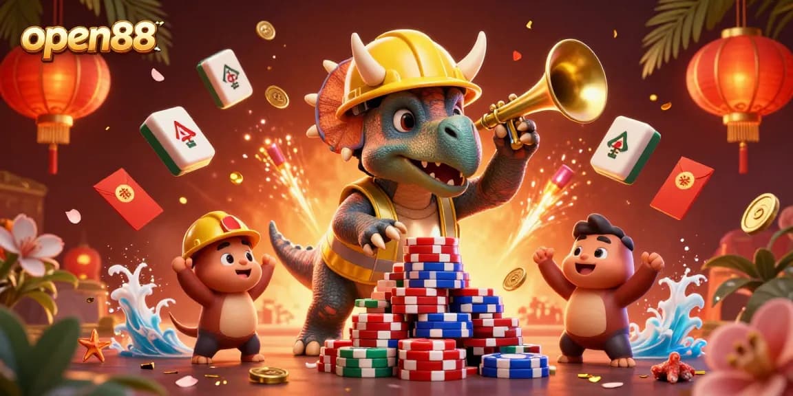 Bet on open88 with vibrant casino elements, featuring a triceratops and festive atmosphere.