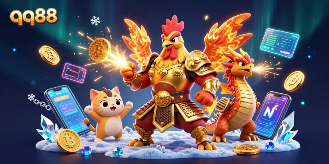 Engage in thrilling battles and unleash winnings at qq88 with a fierce rooster warrior, dragon hatchling, and crypto rewards.