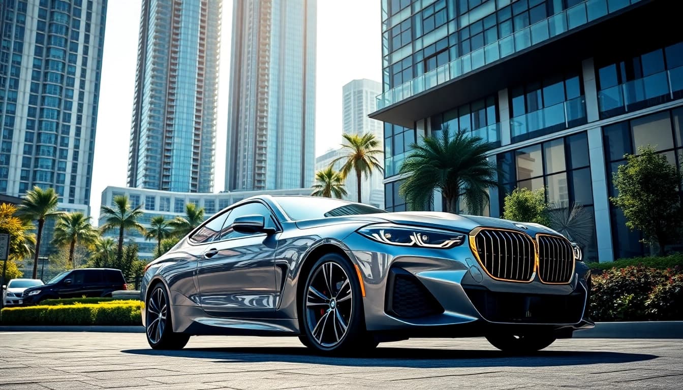 Luxury BMW car showcased in a refined urban environment with modern architecture.