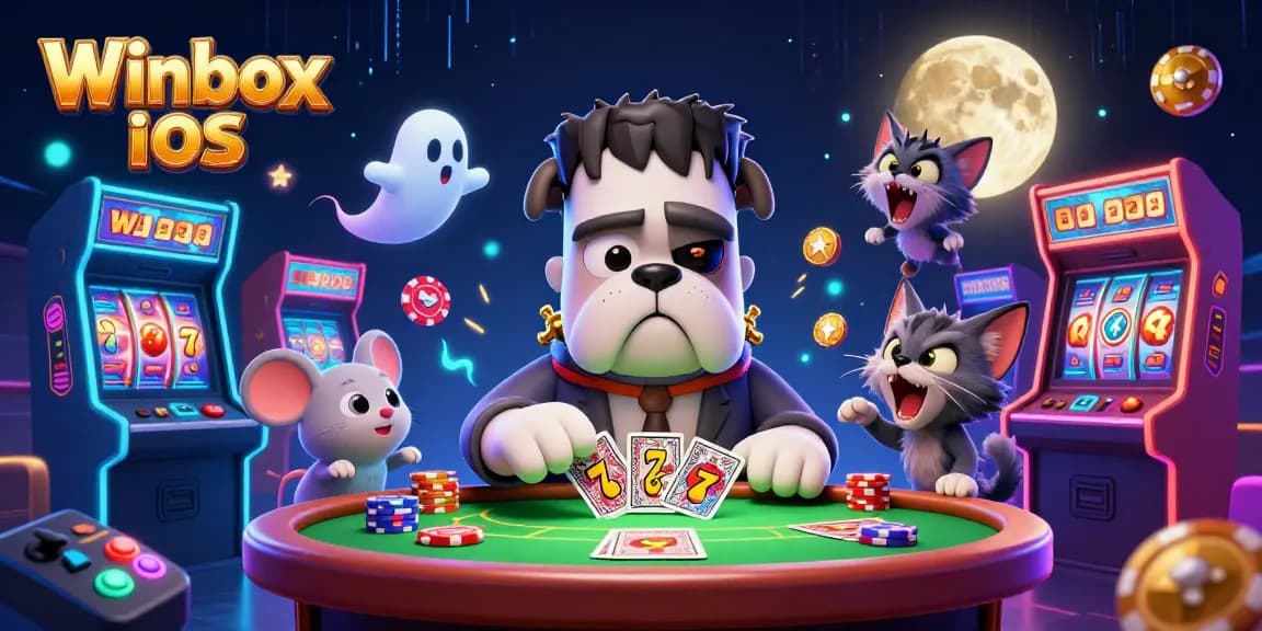 Join the fun with Winbox iOS in a vibrant 3D casino scene featuring engaging characters and slot games.