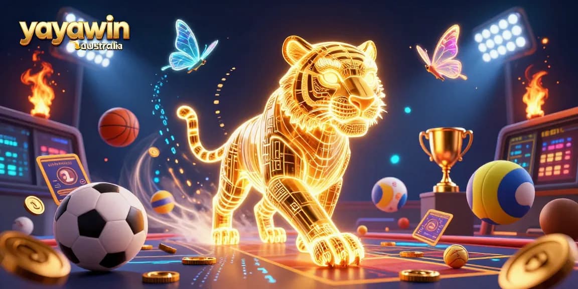 Experience gaming excitement at yayawin australia with a vibrant digital casino atmosphere showcasing a glowing tiger and sports elements.