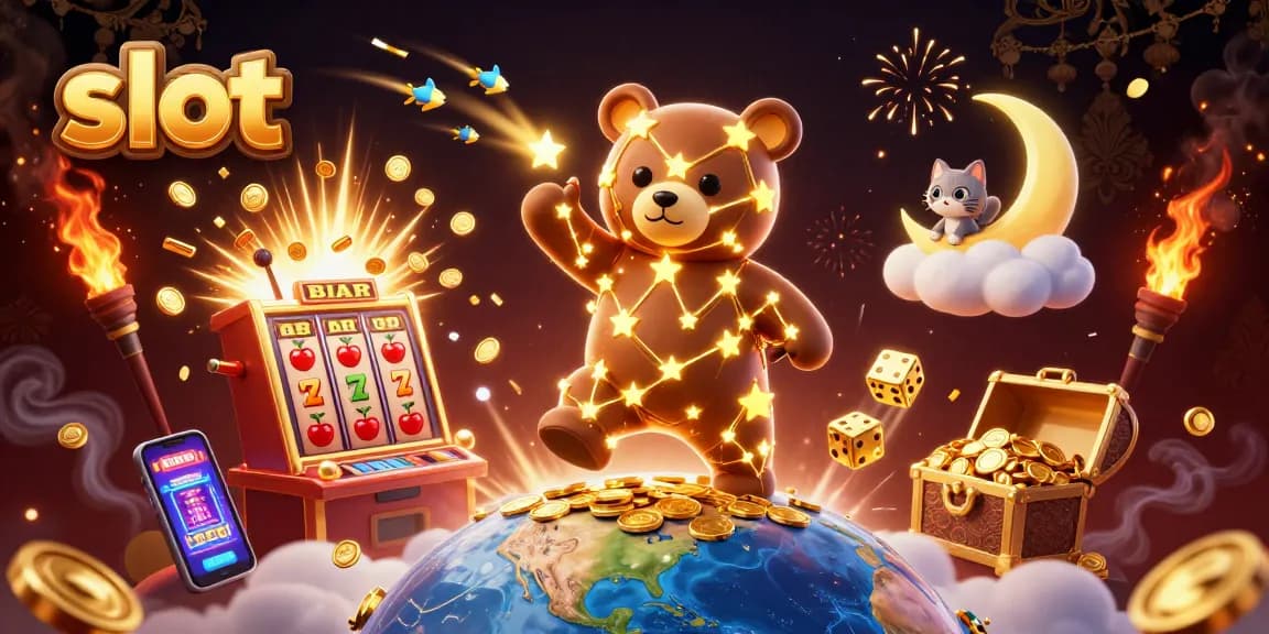 Slot permainan menampilkan beruang konstelasi mengumpulkan koin dengan mesin slot di sekelilingnya.