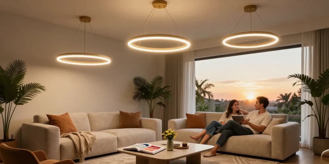 Lustra LED oferind iluminare modernă unui living elegant cu un aer primitor și contemporan
