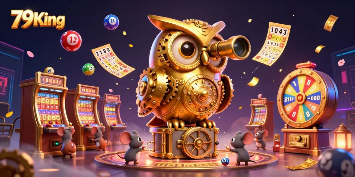 Engage with 79King in a vibrant 3D casino scene featuring a golden owl and lively game elements.
