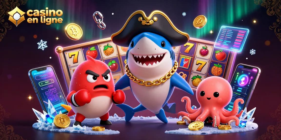 Illustration d'un casino en ligne avec un requin pirate, un poisson-globe en colère, et une pieuvre portant des pièces d'or.
