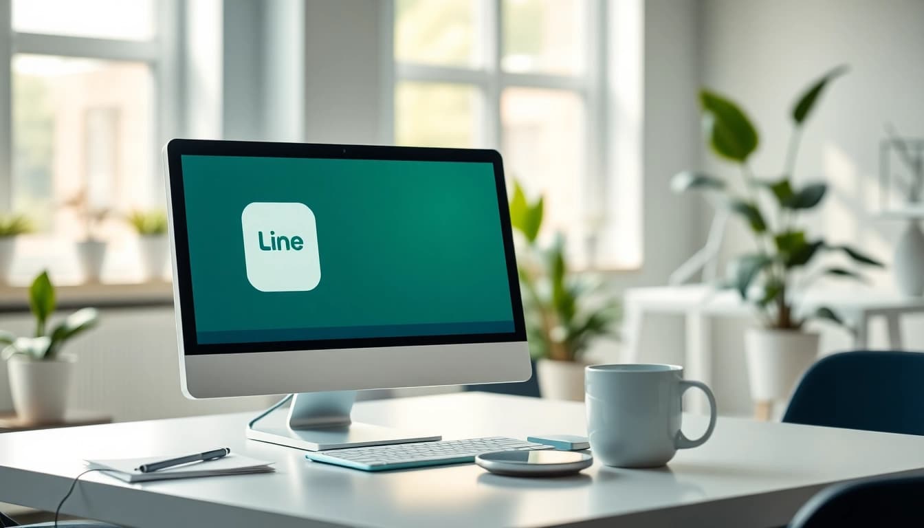 使用line電腦版的現代辦公環境，顯示應用界面和實用的配件。